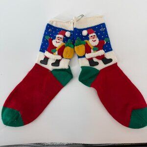 Vintage 1990 Cynthia Harlequin Christmas Santa Knit Socks 3D Applique Holiday